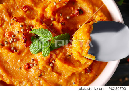 Concept of tasty food, sweet potato puree 98280700