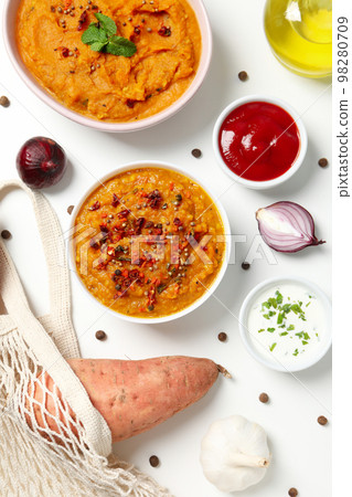 Concept of tasty food, sweet potato puree, top view 98280709