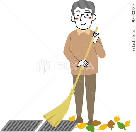 清理排水溝周圍落葉的老人 98280729