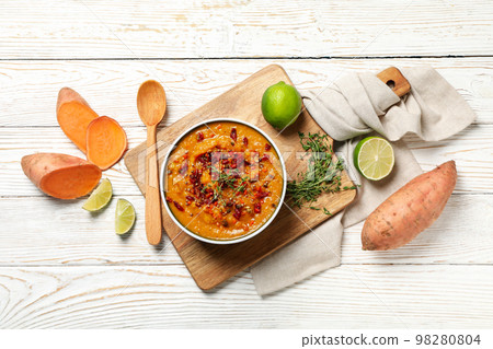 Concept of tasty food, sweet potato puree, top view 98280804