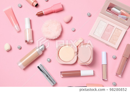 Concept of female accessories, different cosmetics, top view 98280852
