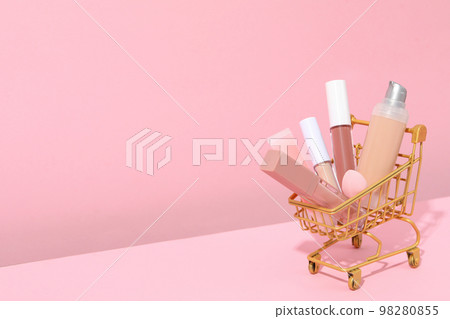Concept of female accessories, different cosmetics, space for text 98280855