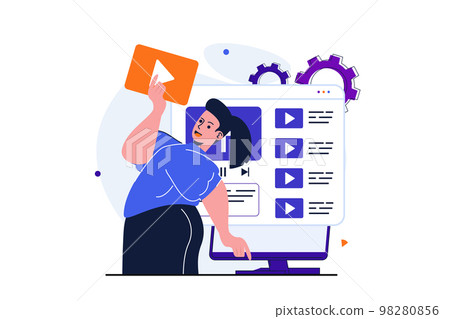 Content manager modern flat concept for web banner design. Woman develops video channel, creates and publishes videos and organizes blog information. Vector illustration with isolated people scene 98280856