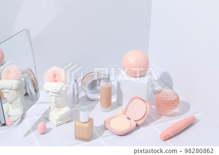 Concept of female accessories, different cosmetics, space for text Concept of female accessories, different cosmetics, space for text 98280862