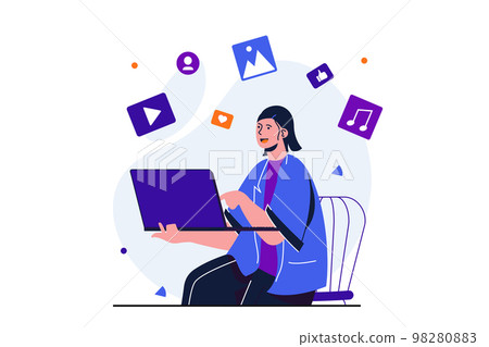 Content manager modern flat concept for web banner design. Woman works on laptop, publishes according to plan video, audio and images in social networks. Vector illustration with isolated people scene Content manager modern flat concept for web banner design. Woman works on laptop, publishes according to plan video, audio and images in social networks. Vector illustration with isolated people scene 98280883