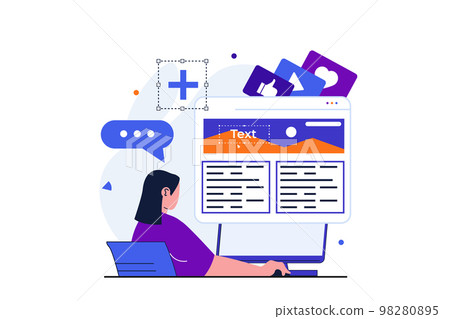 Content manager modern flat concept for web banner design. Woman writes and publishes article on blog, organization and optimization layout in browser. Vector illustration with isolated people scene Content manager modern flat concept for web banner design. Woman writes and publishes article on blog, organization and optimization layout in browser. Vector illustration with isolated people scene 98280895