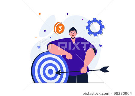 Business target modern flat concept for web banner design. Businessman holding arrow standing by dartboard. Financial success, motivation and leadership. Vector illustration with isolated people scene Business target modern flat concept for web banner design. Businessman holding arrow standing by dartboard. Financial success, motivation and leadership. Vector illustration with isolated people scene 98280964
