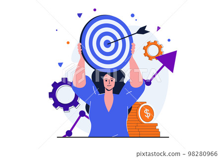Business target modern flat concept for web banner design. Businesswoman holds dartboard with arrow. Financial success, goals achievement and leadership. Vector illustration with isolated people scene Business target modern flat concept for web banner design. Businesswoman holds dartboard with arrow. Financial success, goals achievement and leadership. Vector illustration with isolated people scene 98280966