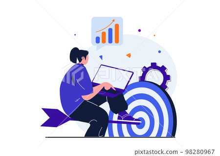 Business target modern flat concept for web banner design. Businesswoman works on laptop, analyzes statistics, studies target audience for accurate hit. Vector illustration with isolated people scene Business target modern flat concept for web banner design. Businesswoman works on laptop, analyzes statistics, studies target audience for accurate hit. Vector illustration with isolated people scene 98280967