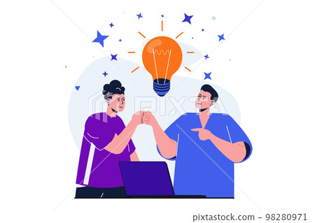 Business startup modern flat concept for web banner design. Businessmen collaborating and brainstorming, developing creative idea and working together. Vector illustration with isolated people scene Business startup modern flat concept for web banner design. Businessmen collaborating and brainstorming, developing creative idea and working together. Vector illustration with isolated people scene 98280971