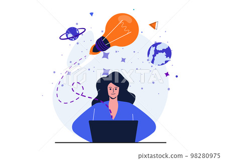 Business startup modern flat concept for web banner design. Woman entrepreneur develops new idea on laptop, analyzes and creates company strategy. Vector illustration with isolated people scene Business startup modern flat concept for web banner design. Woman entrepreneur develops new idea on laptop, analyzes and creates company strategy. Vector illustration with isolated people scene 98280975