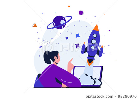 Business startup modern flat concept for web banner design. Woman entrepreneur creates and launches new project on flying spaceship and works on laptop. Vector illustration with isolated people scene 98280976