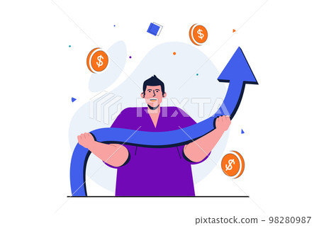 Business growth modern flat concept for web banner design. Businessman holding arrow with up direction. Development, entrepreneur ambition and progress. Vector illustration with isolated people scene Business growth modern flat concept for web banner design. Businessman holding arrow with up direction. Development, entrepreneur ambition and progress. Vector illustration with isolated people scene 98280987