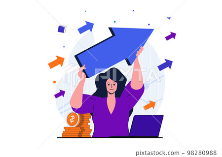 Business growth modern flat concept for web banner design. Businesswoman holding arrow with up direction. Income and sales growth, ambition and progress. Vector illustration with isolated people scene 98280988