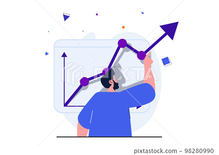 Business growth modern flat concept for web banner design. Businessman analyzes financial data growth on chart. Investment, management and leadership. Vector illustration with isolated people scene 98280990