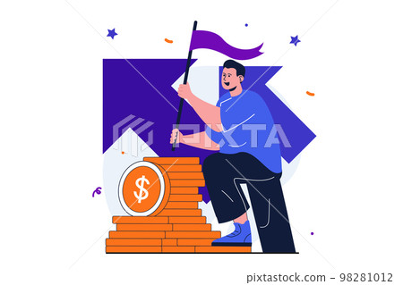 Business award modern flat concept for web banner design. Businessman holding flag and climbing to top, increase income, develop company, achieve goals. Vector illustration with isolated people scene Business award modern flat concept for web banner design. Businessman holding flag and climbing to top, increase income, develop company, achieve goals. Vector illustration with isolated people scene 98281012