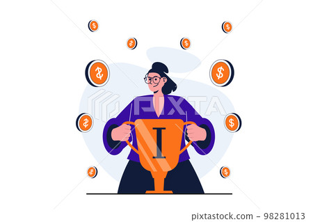 Business award modern flat concept for web banner design. Businesswoman holding golden cup, taking first place, celebrating victory, increasing profit. Vector illustration with isolated people scene 98281013