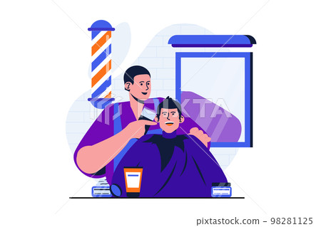 Barbershop modern flat concept for web banner design. Professional barber doing short haircut and styling to happy male client in studio with mirror. Vector illustration with isolated people scene Barbershop modern flat concept for web banner design. Professional barber doing short haircut and styling to happy male client in studio with mirror. Vector illustration with isolated people scene 98281125