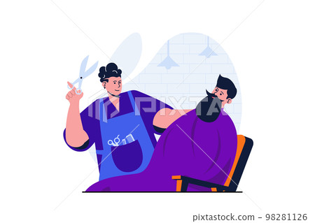 Barbershop modern flat concept for web banner design. Barber with scissors cutting hair and shaving client beard. Hairdresser works with man in studio. Vector illustration with isolated people scene 98281126
