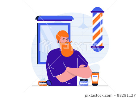 Barbershop modern flat concept for web banner design. Barber with tools and cosmetic stands next to mirror and waiting for client. Hairdresser in studio. Vector illustration with isolated people scene Barbershop modern flat concept for web banner design. Barber with tools and cosmetic stands next to mirror and waiting for client. Hairdresser in studio. Vector illustration with isolated people scene 98281127