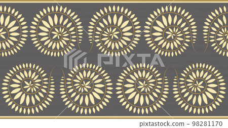 Golden and gray oil painting floral seamless border. Hand drawn circle twigs with leaves on textured gray background.  98281170
