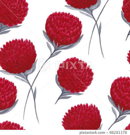 Floral seamless pattern. Hand drawn watercolor painting bright red flowers with gray leaves on white background. 98281178
