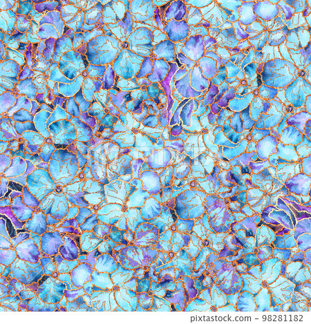 Watercolor painting textured floral seamless pattern. Abstract blue and purple flowers with golden streaks and rust on textured paper.  98281182