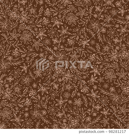 Meadow floral vector seamless pattern. Many Hand drawn beige contours of abstract flowers on brown background. 98281217