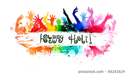 Indian festival happy holy festival, colorful poster, banner background. Multicolored hands raised up. Vector illustration 98281624