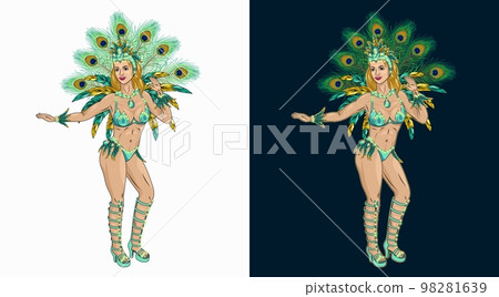 Brazilian samba female dancer. Blonde girl wearing shiny festival costume with colorful feathers. Vector carnival illustration for Brazilian carnaval in vintage style. 98281639