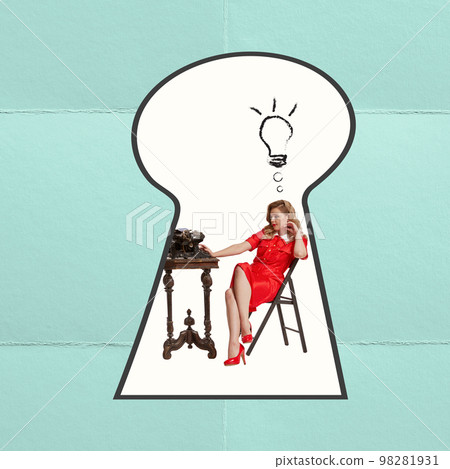 Contemporary art collage. Creative design. Young woman catching inspiration, sitting in front of typewriter. Keyhole look 98281931
