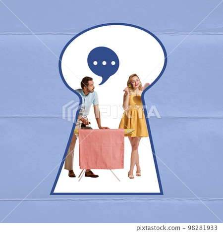 Contemporary art collage. Creative design. Family. Man ironing clothes and woman doing her makeup. Keyhole look Contemporary art collage. Creative design. Family. Man ironing clothes and woman doing her makeup. Keyhole look 98281933