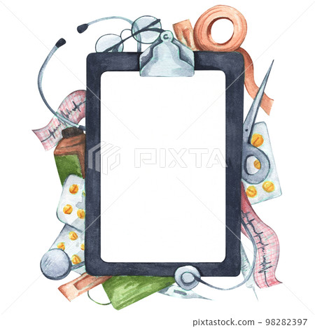 Watercolor painting of Writing pad paper clip board. 98282397