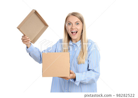 Concept of delivery, young woman with box, isolated on white background 98282522
