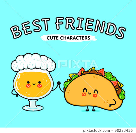 Cute, funny happy glass of beer and taco. Vector hand drawn cartoon kawaii characters, illustration icon. Funny cartoon glass of beer and taco mascot friends concept Cute, funny happy glass of beer and taco. Vector hand drawn cartoon kawaii characters, illustration icon. Funny cartoon glass of beer and taco mascot friends concept 98283436