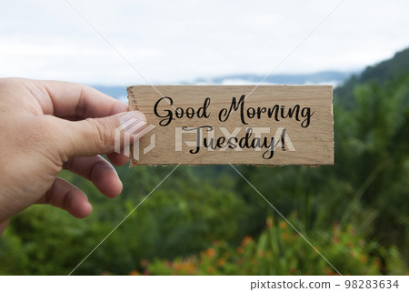 Hand holding wooden banner with Good Morning Tuesday text. With beautiful nature background. Morning wishes concept. Hand holding wooden banner with Good Morning Tuesday text. With beautiful nature background. Morning wishes concept. 98283634