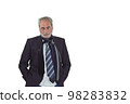 man in a suit and many ties on a white background 98283832
