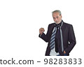 man in a suit and many ties on a white background looking straight 98283833