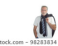 man in a suit and many ties looking ahead on a white background 98283834