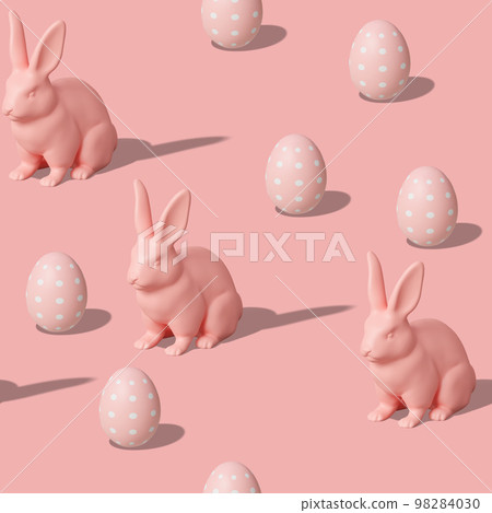 Seamless isometric pattern with Easter eggs and rabbits on pink background. Colorful design for print, textile, wrapping paper. Hard light, shadows. Happy Easter Day. Seamless texture. 3d rendering. 98284030