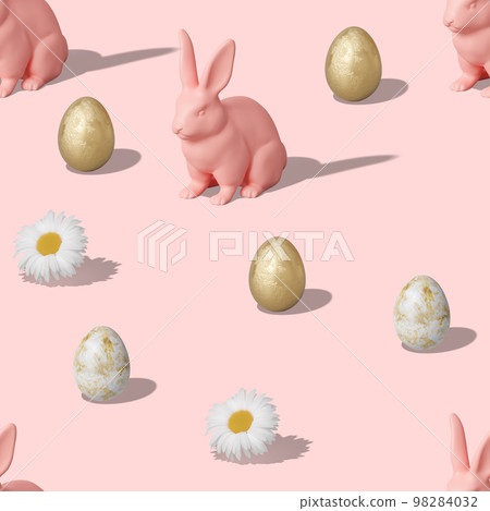 Seamless isometric pattern with Easter eggs, rabbits and flowers on pink background. Trendy design for print, textile, wrapping paper. Hard light. Happy Easter. Seamless texture. 3d render. Seamless isometric pattern with Easter eggs, rabbits and flowers on pink background. Trendy design for print, textile, wrapping paper. Hard light. Happy Easter. Seamless texture. 3d render. 98284032