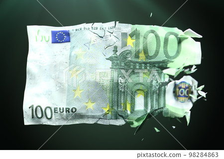 Broken Euro paper money on a green background Broken Euro paper money on a green background 98284863