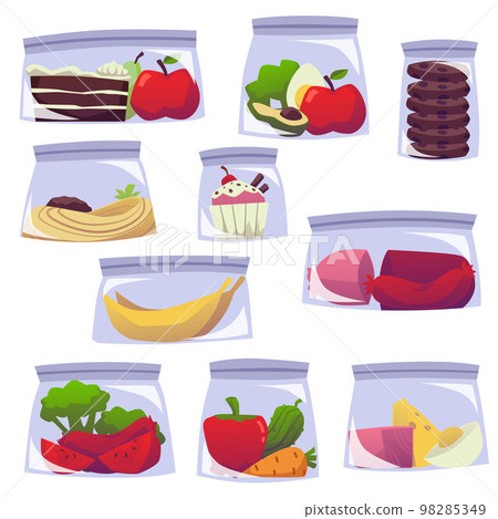 Food containers set with fruits, vegetables, meat and cheese - flat vector illustration isolated on white background. Food containers set with fruits, vegetables, meat and cheese - flat vector illustration isolated on white background. 98285349