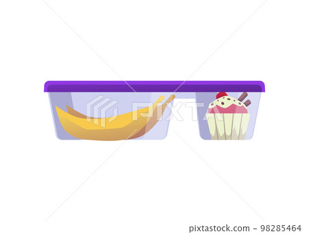 Sweet snacks in divided food container, banana and cupcake - flat vector illustration isolated on white background. Sweet snacks in divided food container, banana and cupcake - flat vector illustration isolated on white background. 98285464