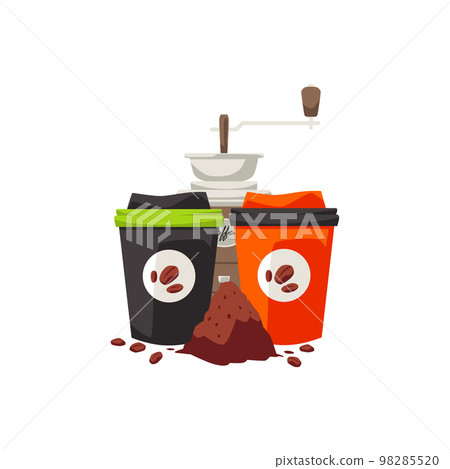 Vintage coffee grinder, ground coffee beans and to go mugs, flat vector illustration isolated on white background. 98285520
