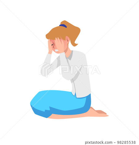 Stressful upset woman crying in hysteric or stress, flat vector isolated. Stressful upset woman crying in hysteric or stress, flat vector isolated. 98285538