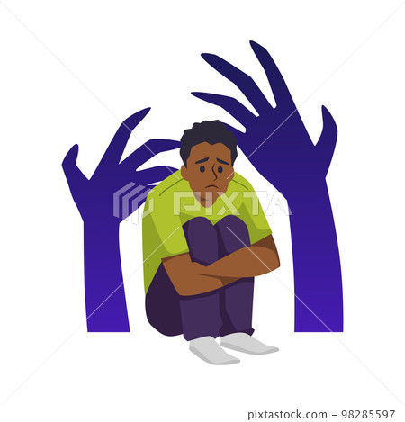 Sad man sits hugging knees flat style, vector illustration 98285597