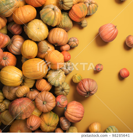 Autumn composition of orange pumpkins on white table background. 98285641