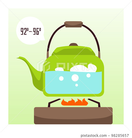 Water boiling in teapot on gas stove, cartoon flat vector illustration. 98285657