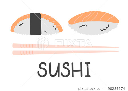 Japanese food sushi with salmon in the flat doodle style. vector illustration for menu restaurant, food delivery Japanese food sushi with salmon in the flat doodle style. vector illustration for menu restaurant, food delivery 98285674